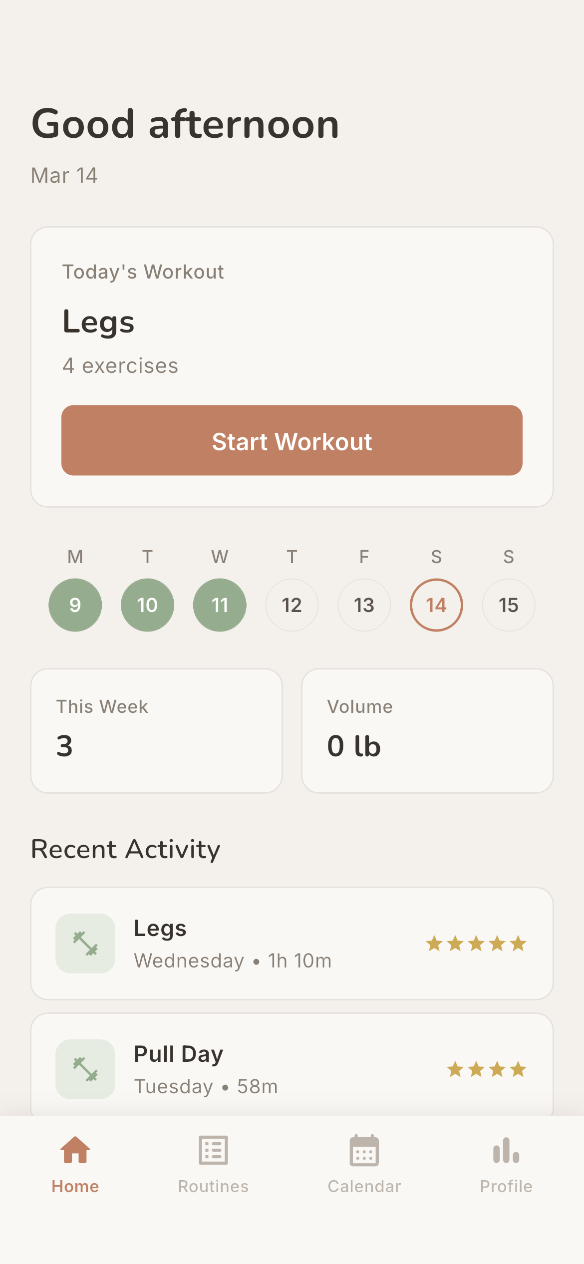 Forge home screen — today's workout ready to start