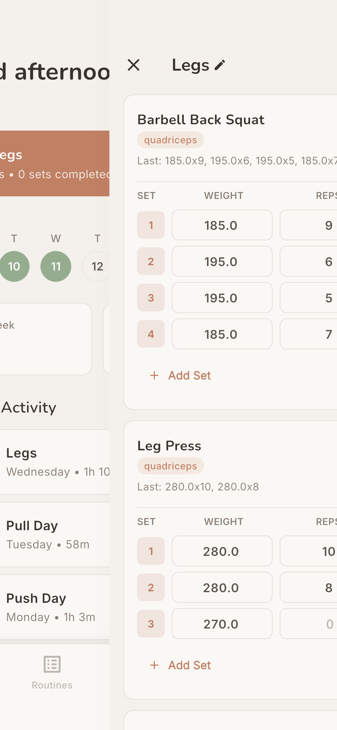 Forge active workout — logging sets with previous weights shown