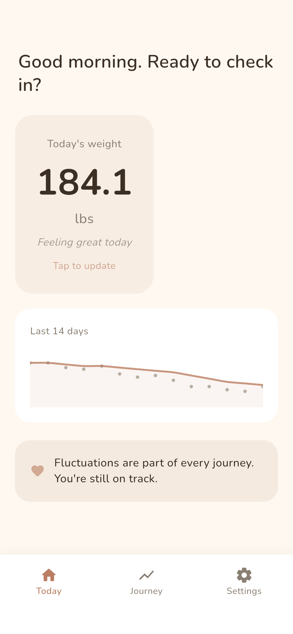 Lighter home screen showing today's weight, sparkline trend, and encouragement message