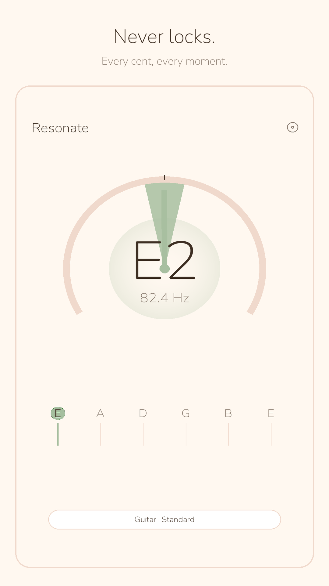 Resonate Tuner showing a guitar string in tune with a clear visual pitch meter