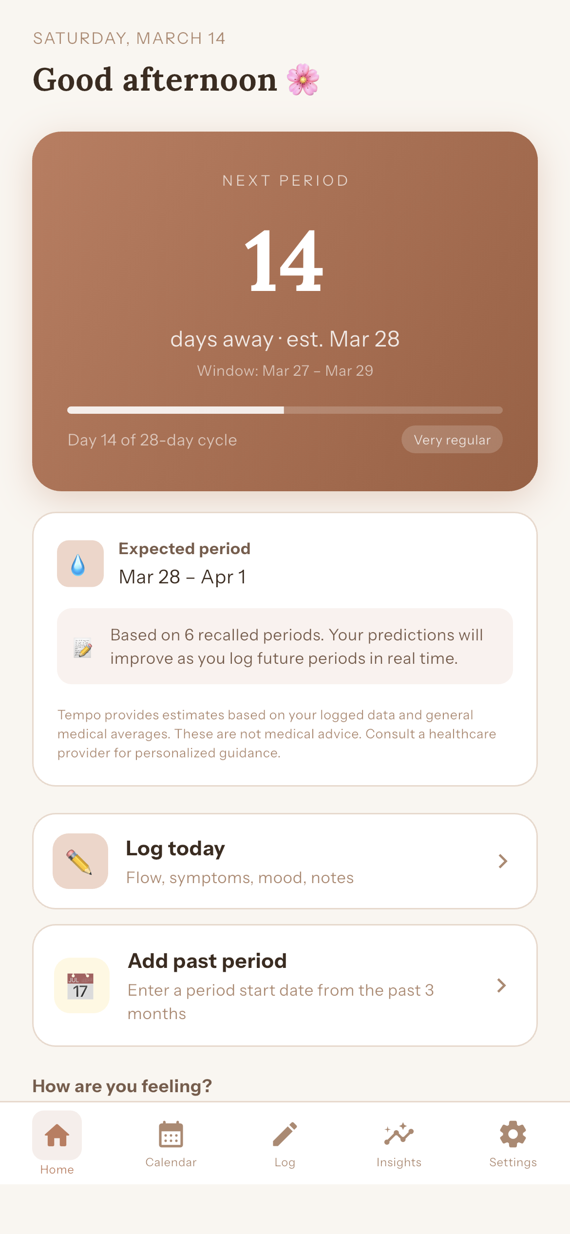 Tempo home screen — cycle countdown and daily log