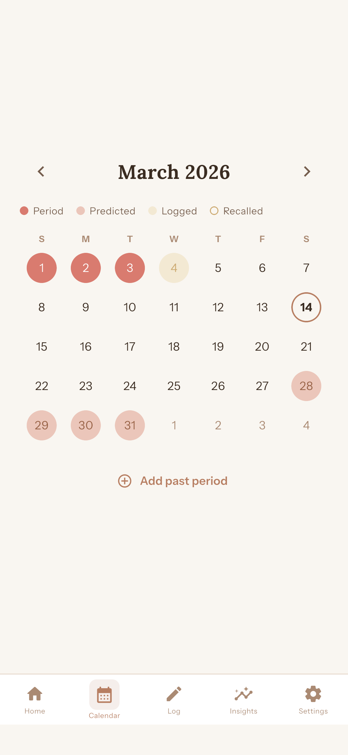 Tempo calendar with color-coded period days and predictions